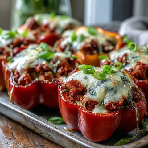 Close-up of Korean-Style Turkey Stuffed Sweet Peppers on a plate, garnished with green onions and sesame seeds for flavor.