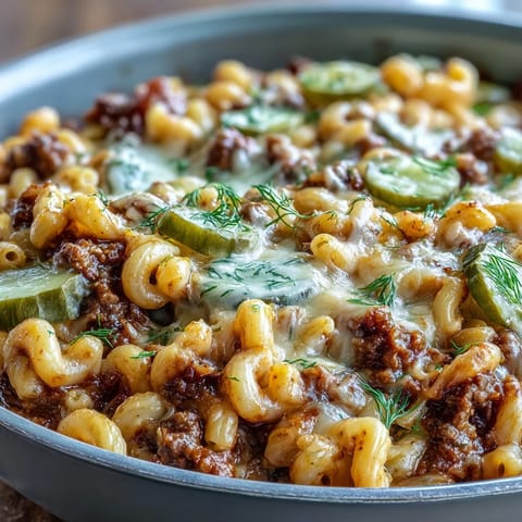 A close-up of One-Pan Cheeseburger Chili Mac topped with melted cheddar and fresh chives.
