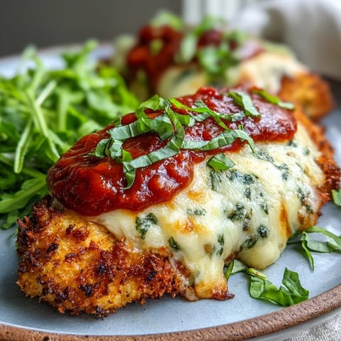 Golden keto chicken parmesan served hot over zucchini noodles with fresh marinara sauce.