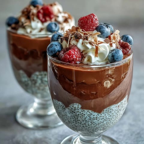 Glass parfait glasses filled with layered Vegan Chocolate Chia Pudding Parfaits with Coconut Whip and fresh berries. 