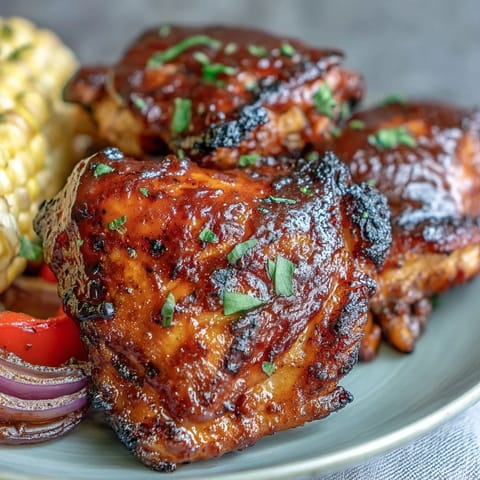 Sheet Pan BBQ Chicken with Corn on the Cob and Peppers served hot from the oven, glistening with sauce and colorful vegetables.