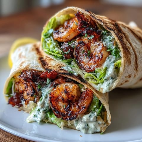 Grilled shrimp Caesar wraps with crunchy romaine lettuce, creamy dressing, and Parmesan cheese in a soft tortilla.  