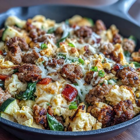 Savory low-carb breakfast scramble featuring browned sausage, sautéed peppers, and creamy scrambled eggs.  