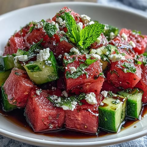 This refreshing watermelon feta cucumber salad is tossed with fresh mint and olive oil, then finished with a sweet balsamic drizzle for the perfect side dish.