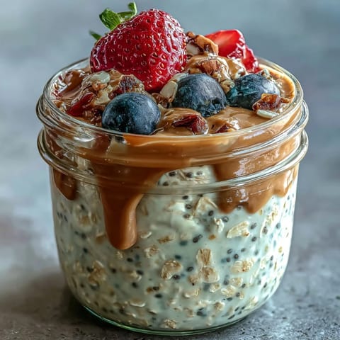 Wholesome berry overnight oats topped with almond butter for a nourishing breakfast.  