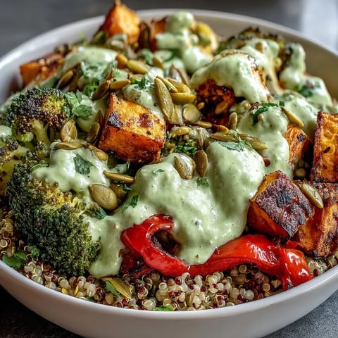 Vibrant vegan Buddha bowl with roasted sweet potatoes, broccoli, and creamy avocado dressing.