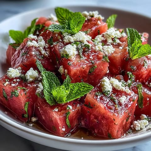 A vibrant watermelon feta mint salad with juicy cubes, creamy cheese, and fresh herbs, perfect for summer BBQs.  