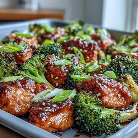 Sheet pan teriyaki chicken and broccoli with brown rice, roasted to perfection and glazed in savory-sweet sauce.  