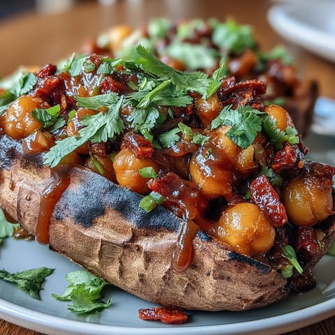 Smoky BBQ chickpeas nestled in tender baked sweet potatoes, garnished with vibrant red cabbage slaw for a hearty plant-based dish.  