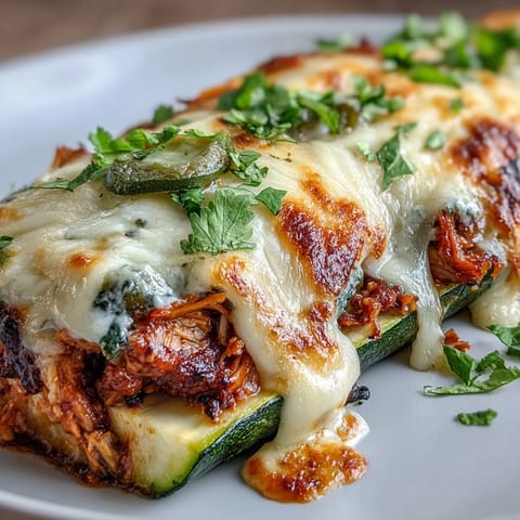 Keto chicken enchilada zucchini boats with melted cheese, a low-carb Mexican dish packed with tender chicken and gooey cheese topping.