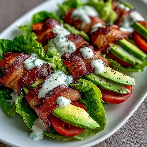 Keto BLT Lettuce Wraps with Garlic Mayo and Cracked Pepper on a rustic wooden board, layered with crispy bacon, juicy tomato, and creamy avocado slices.