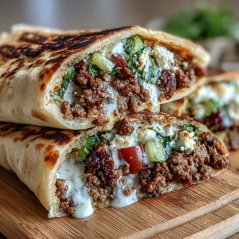 Warm whole wheat pita halves packed with savory Mediterranean-seasoned ground beef, crunchy cucumber, juicy tomatoes, and tangy feta crumbles.  