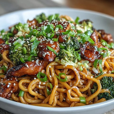 A steaming plate of sticky garlic chicken noodles with tender chicken, crisp broccoli, and vibrant bell peppers in a glossy honey-soy sauce.  