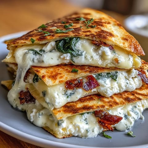 Mediterranean quesadilla filled with sautéed spinach, feta, mozzarella, and red onion, crisped to golden perfection in a skillet.  