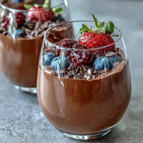 A velvety chocolate mousse made with creamy cottage cheese and topped with vibrant mixed berries for a healthy, protein-packed dessert.  
