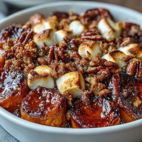 Gooey marshmallows and crunchy pecan crumble top tender sweet potatoes in a spiced brown sugar glaze.  