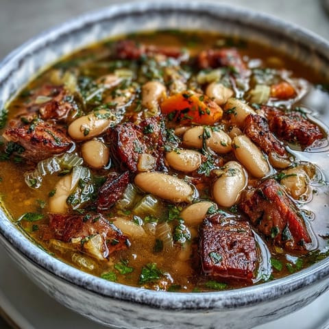 Creamy white beans, diced ham, and fresh vegetables simmer slowly for maximum flavor and comfort.  