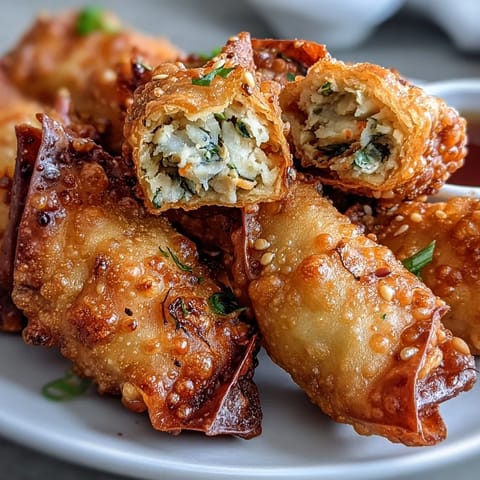Gluten-free rice paper dumplings stuffed with seasoned ground chicken, shredded carrots, and zucchini, served with soy dipping sauce.  