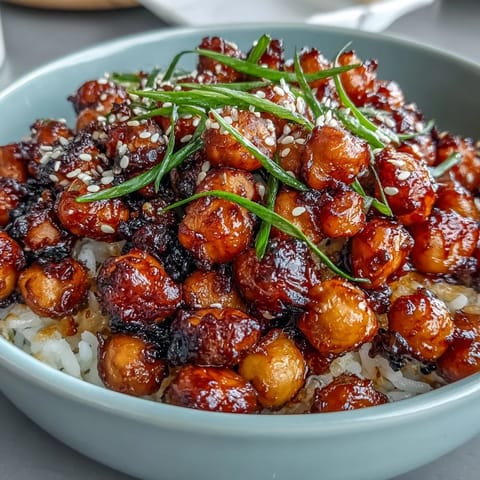 Spicy roasted chickpeas in a vibrant chili-garlic sauce, served atop fragrant jasmine rice for a satisfying vegan meal.  