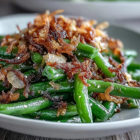 Tender green beans tossed in aromatic garlic and sesame, finished with crunchy crispy onions.