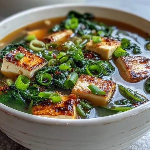A comforting bowl of miso soup with silky tofu cubes, fresh spinach, and sliced green onions in savory broth.