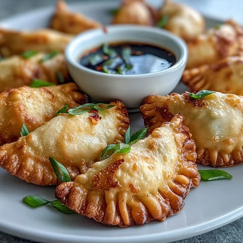 Golden air-fried dumplings with crispy edges, served alongside a fragrant soy ginger dipping sauce for an irresistible appetizer.  