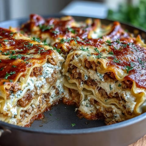 Savory one-pan dumpling lasagna with ground turkey, tender cabbage, and gooey melted cheese in a skillet.  