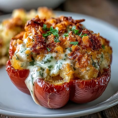 Funeral potatoes stuffed bell peppers with golden cornflake topping, creamy cheese filling and tender roasted peppers.  