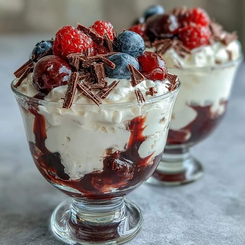 Fluffy Yogurt Berry Sundaes with Dark Chocolate Shavings topped with fresh mint leaves for a vibrant dessert.