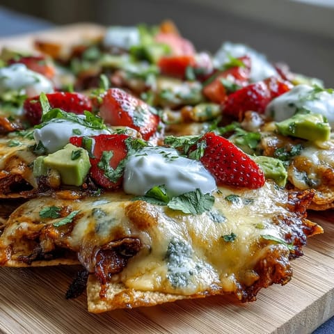 Vibrant summer party nacho board with strawberry salsa, featuring crispy tortilla chips, melted cheese, and colorful fresh toppings.