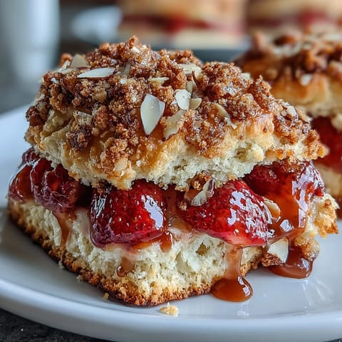 Golden brown butter scones studded with juicy strawberries and crunchy almond slices, perfect for a cozy breakfast or afternoon tea.
