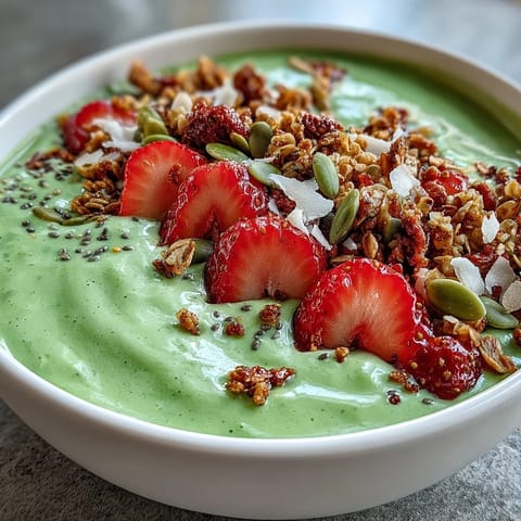 Vibrant strawberry matcha latte smoothie bowl with creamy matcha base, topped with fresh strawberries, crunchy granola, and coconut flakes for a nourishing breakfast.