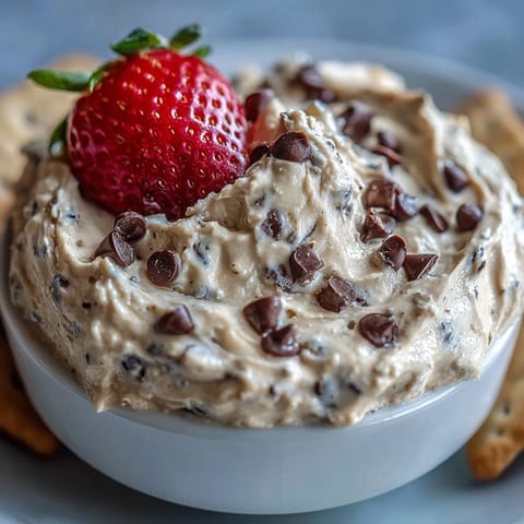 A protein-packed, no-bake cookie dough dip made with cottage cheese, almond butter, and mini chocolate chips, perfect for dipping fruit.  