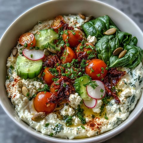 Savory cottage cheese breakfast bowl with veggies, featuring creamy cheese and crisp vegetables, topped with fresh herbs and olive oil.