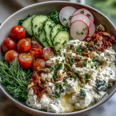 Protein-packed cottage cheese breakfast bowl with colorful veggies and crunchy seeds, perfect for a healthy morning meal.