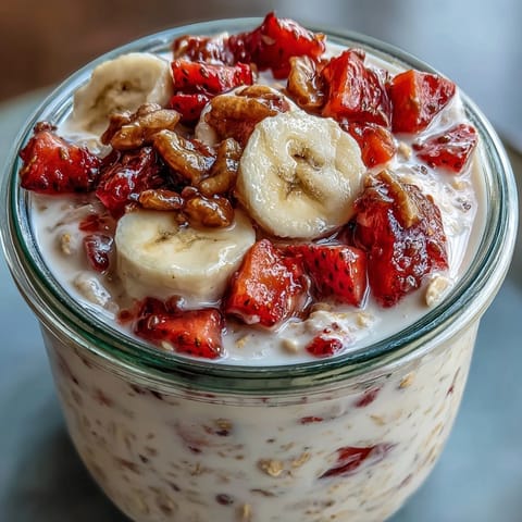 Creamy strawberry banana overnight oats with chia seeds, layered with fresh fruit for a healthy, make-ahead breakfast.