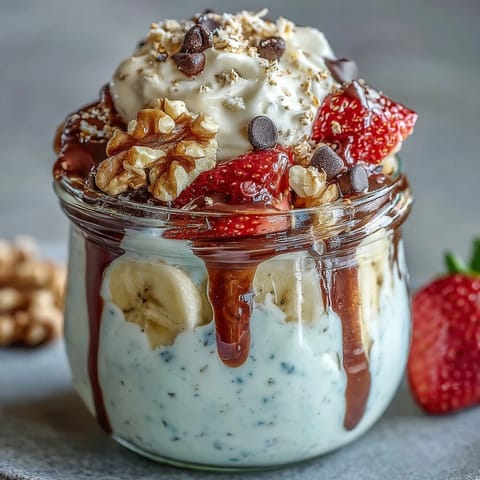 A creamy yogurt and banana split breakfast jar with fresh berries, granola, and chocolate chips in a clear glass.