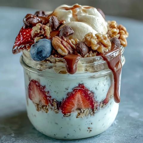 Layered breakfast jar with fluffy Greek yogurt, sliced bananas, strawberries, blueberries, and crunchy granola for a nutritious start.