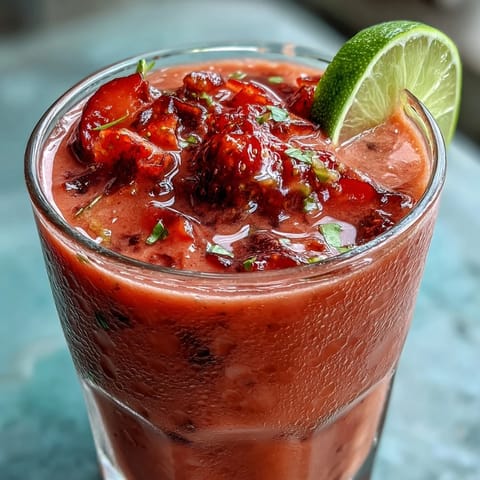 A vibrant strawberry coconut daiquiri smoothie served in chilled glasses with fresh strawberry and lime garnishes, perfect for a tropical refreshment.
