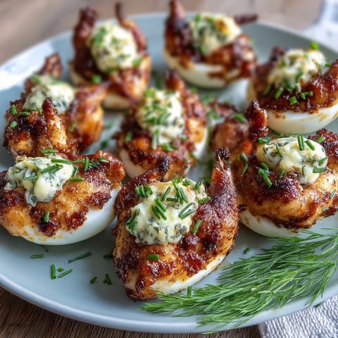 Adorable deviled egg chicks decorated with carrot beaks and black peppercorn eyes for a fun Easter snack.  