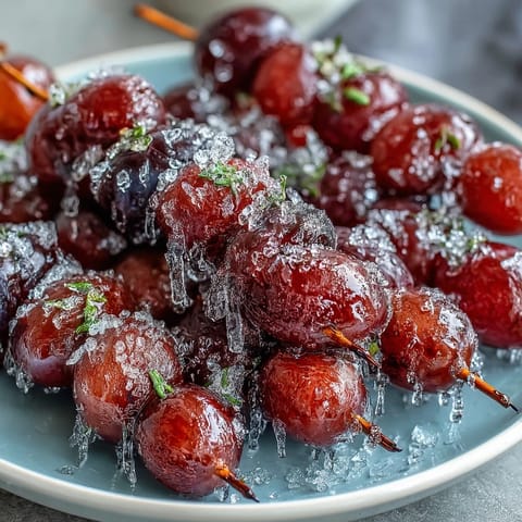 Frozen grape skewers with lime sugar, juicy grapes coated in zesty citrus sugar, frozen for a refreshing summer snack.  