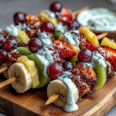 Fun Kid Lunch Bento Box with Fruit Skewers and Dip, featuring colorful fruit kabobs and creamy yogurt dip, perfect for school lunches or picnics.