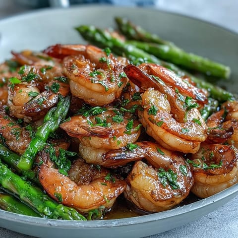 Fresh lemon-garlic shrimp and asparagus sizzle in a hot skillet, creating a fragrant, colorful, and healthy dinner ready in minutes.