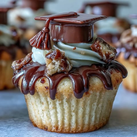 Festive cupcakes topped with chocolate graduation caps and tassels, ideal for graduation parties and dessert tables.