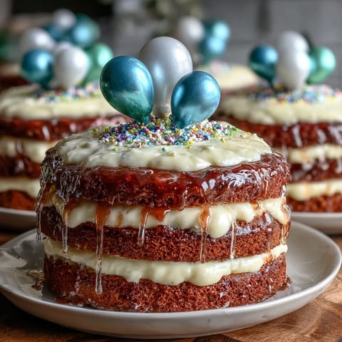 Two-tier vanilla cake with buttercream frosting, decorated with playful balloon toppers and edible confetti - a perfect centerpiece for graduation parties and celebrations.