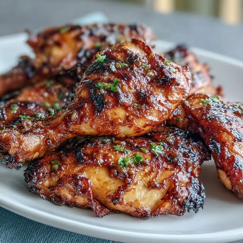 Honey Garlic Grilled Chicken Thighs sizzling on the grill, glazed with a sticky honey garlic marinade for a savory summer meal.