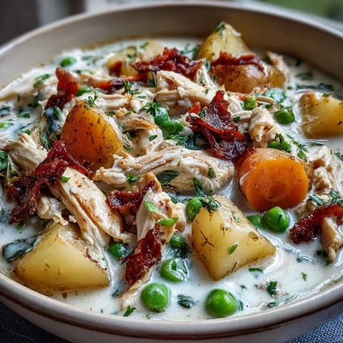 Creamy slow cooker chicken pot pie soup with tender chicken, hearty vegetables, and a rich, savory broth—perfect for cozy dinners.