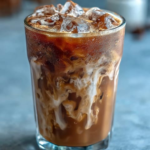 Iced brown sugar oat milk shaken espresso with a frothy top and cinnamon garnish