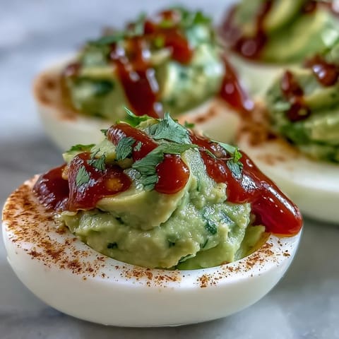 Creamy avocado deviled eggs with a spicy Sriracha drizzle, garnished with fresh cilantro for a zesty party appetizer.