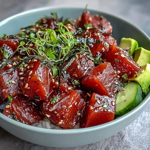 Vibrant Spring Tuna Poke Bowl with marinated tuna, crisp cucumber, and radish, drizzled with ponzu sauce.  
